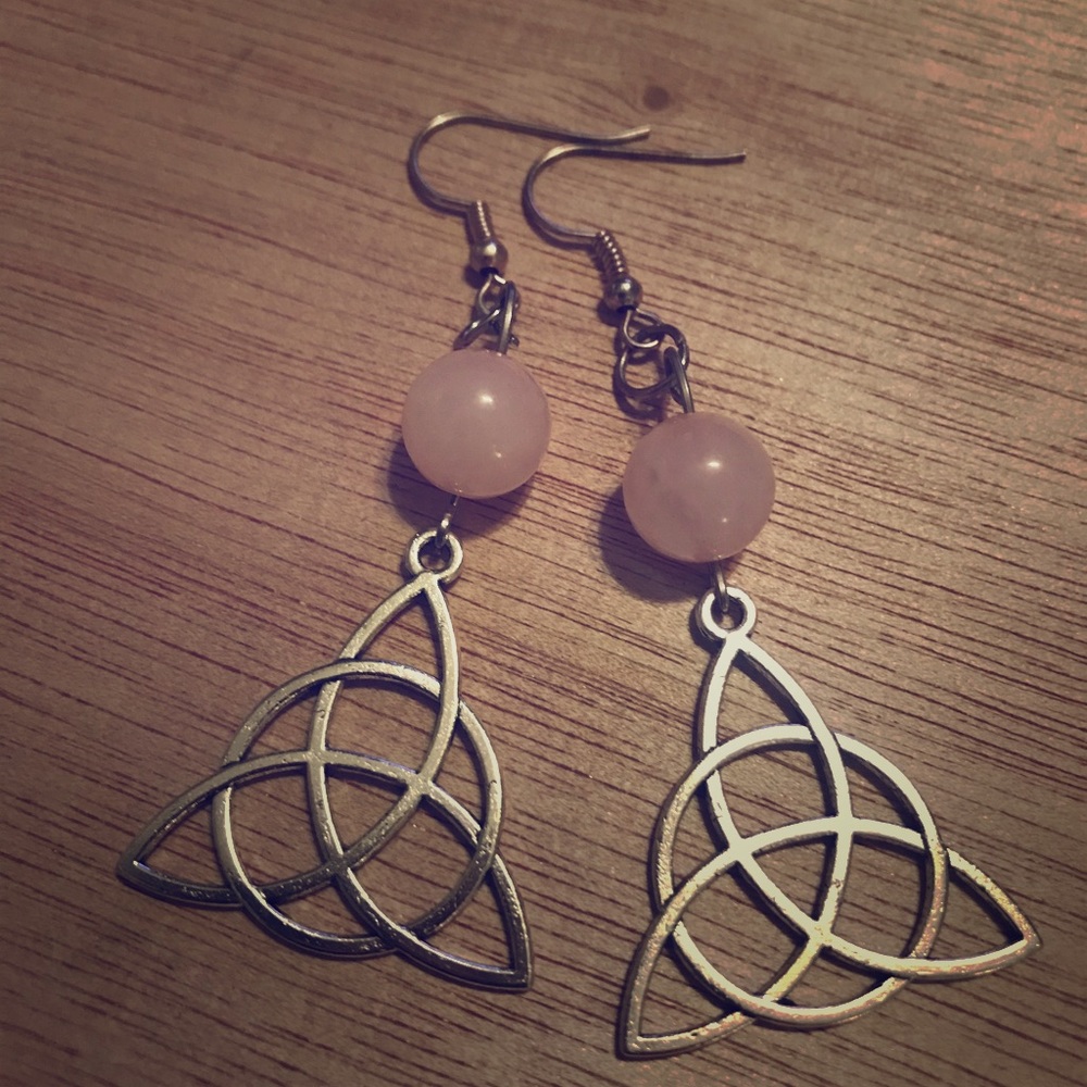Triquetra Trinity Knot Rose Quartz Earrings